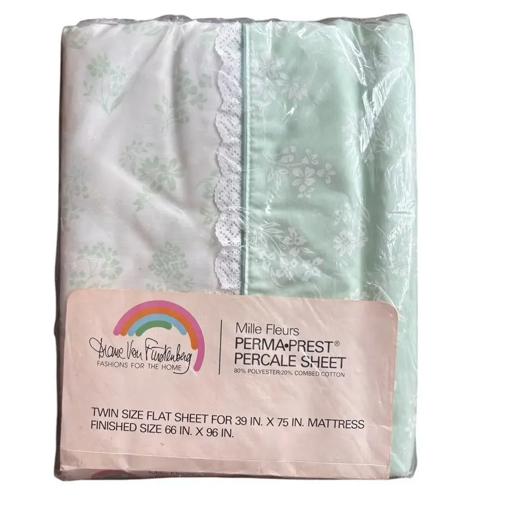 Vintage 80s Twin Flat Sheet Diane Von Furstenberg Floral Green Lace Ruffle